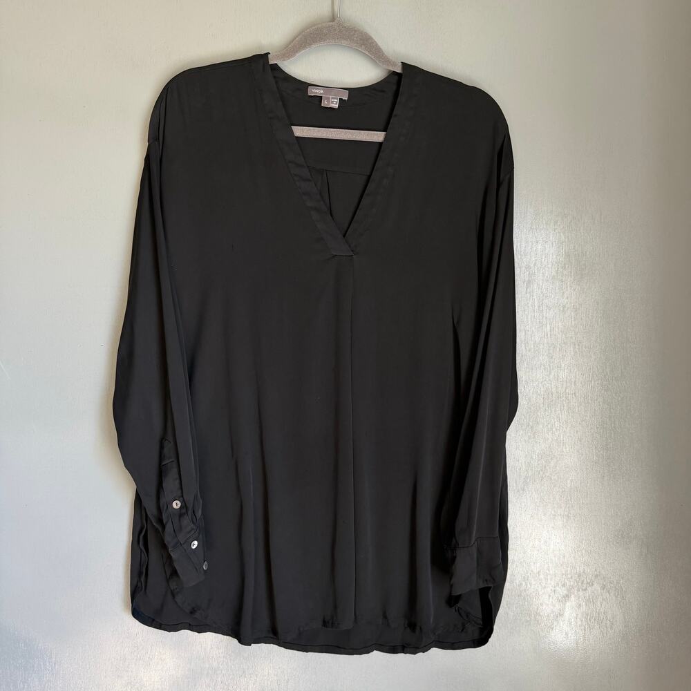 VINCE Women's Large Flowy Black Long Blouse Career Classic Minimalist City